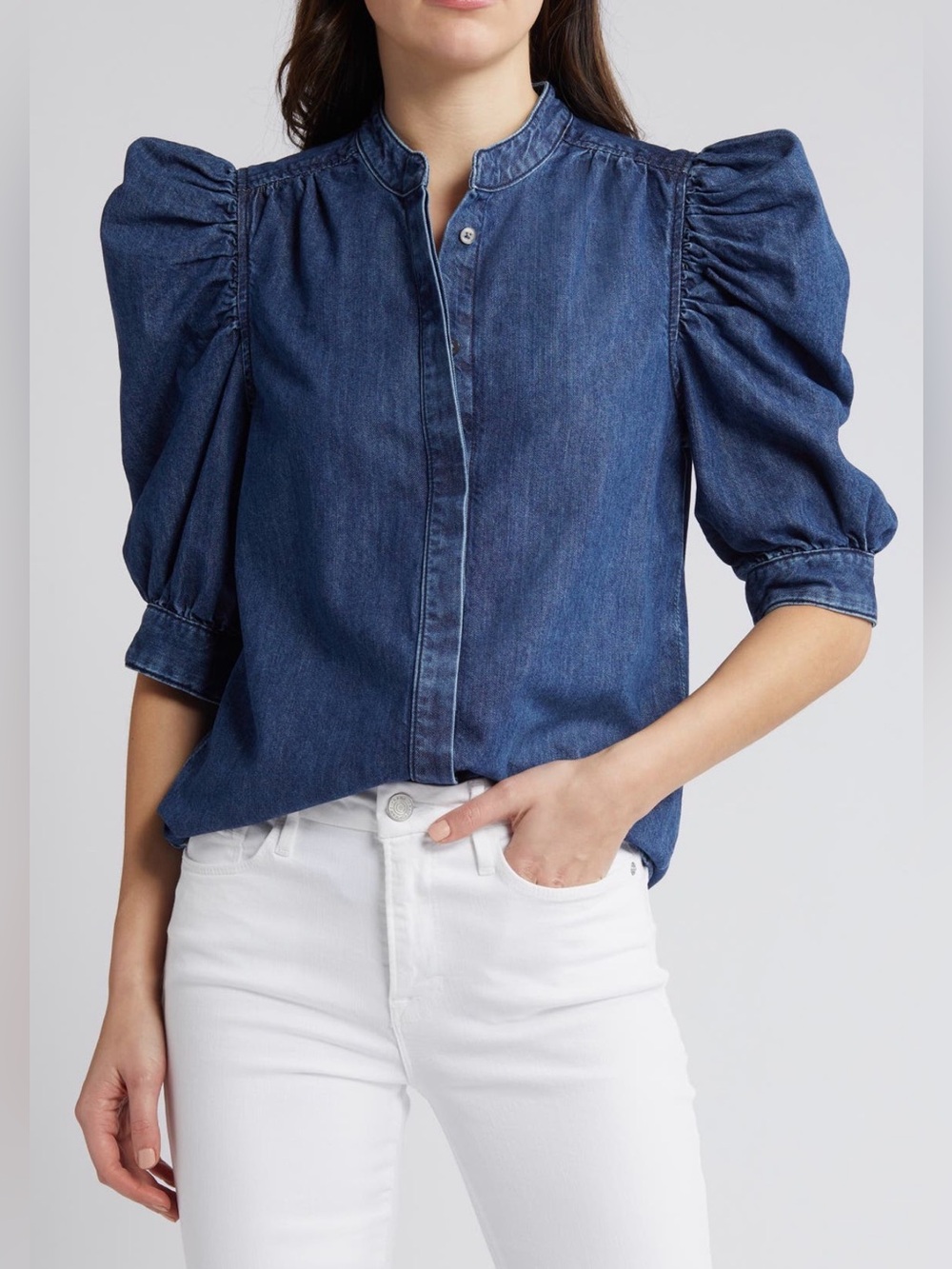 FRAME Gillian Puff Sleeve Denim Shirt Top S/P Blue Button Front